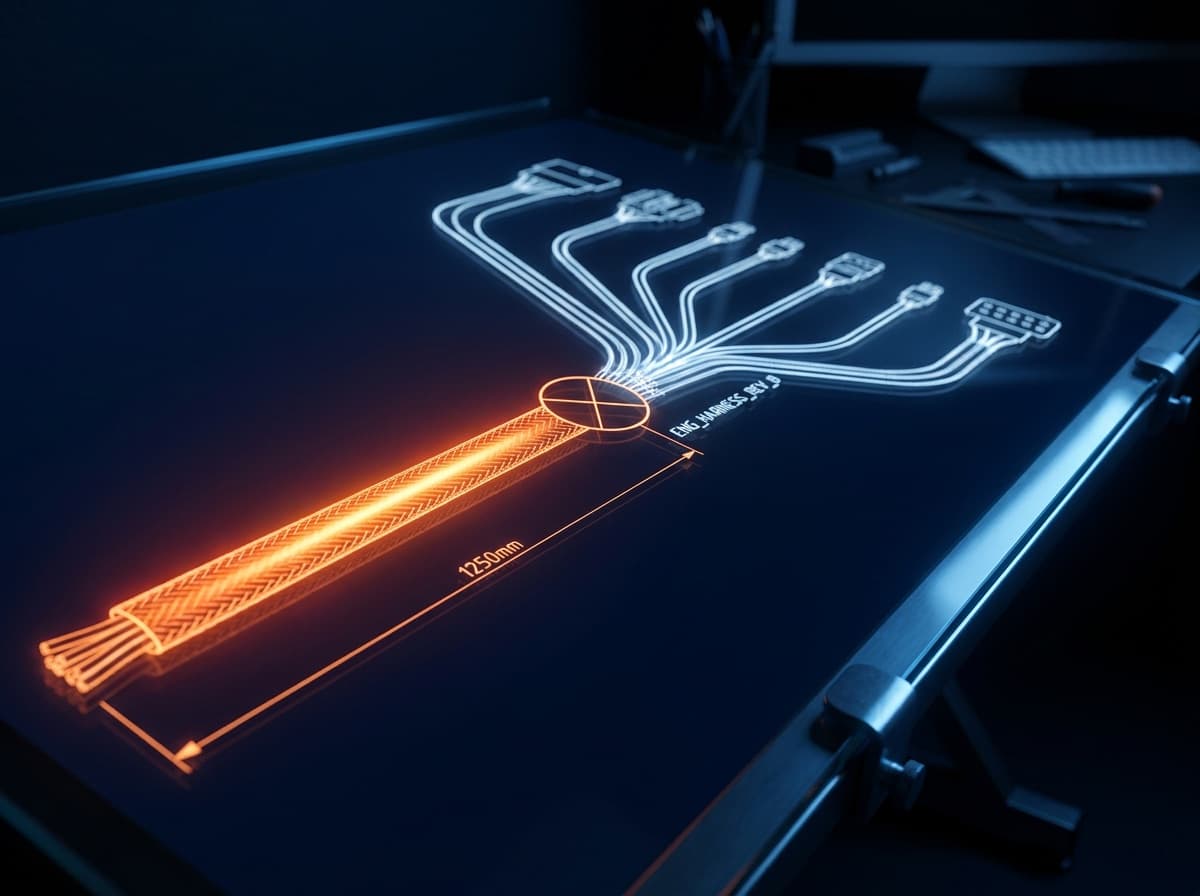 Glowing engineering schematic of a motorsport wiring harness on a drafting table: the main trunk fanning out into connector drawings, with dimension lines.