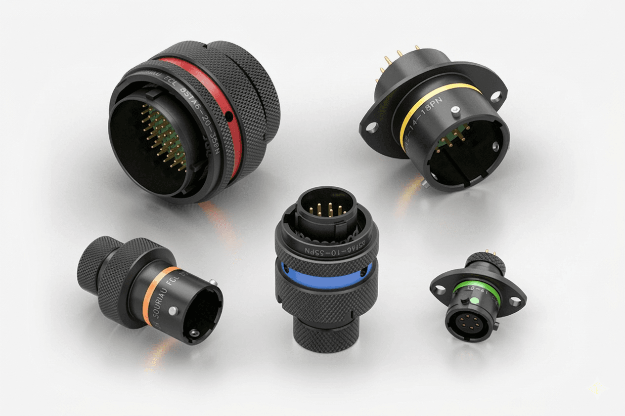 A selection of the motorsport connectors Carrot Wiring Solutions uses: Deutsch DTM/DTP and Souriau 8STA among others.